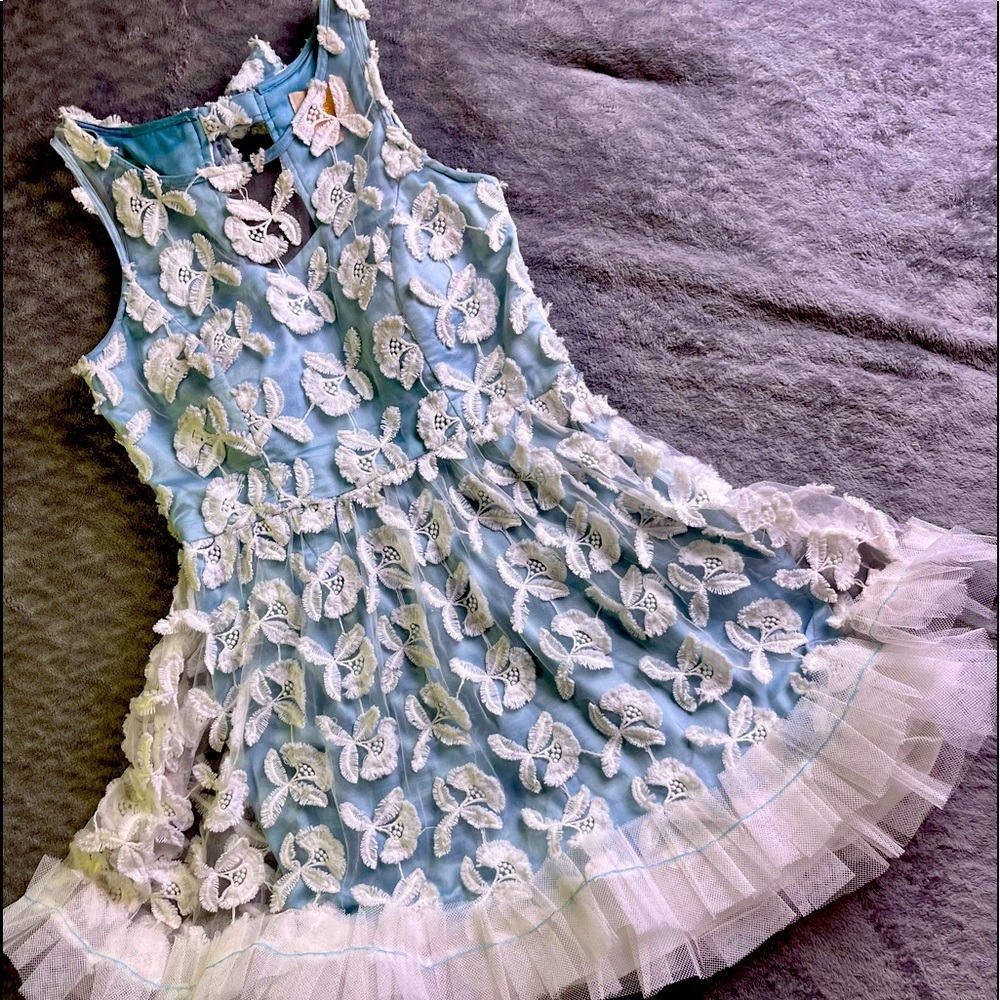 Baby Blue Dress with White Sheer Floral Overlay